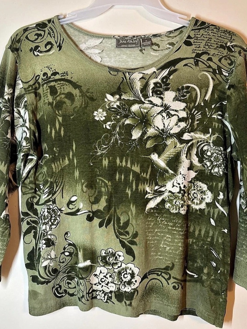 Jane Ashley Floral Long Sleeve Top Green Grunge Botanical XL Cotton Cottagecore